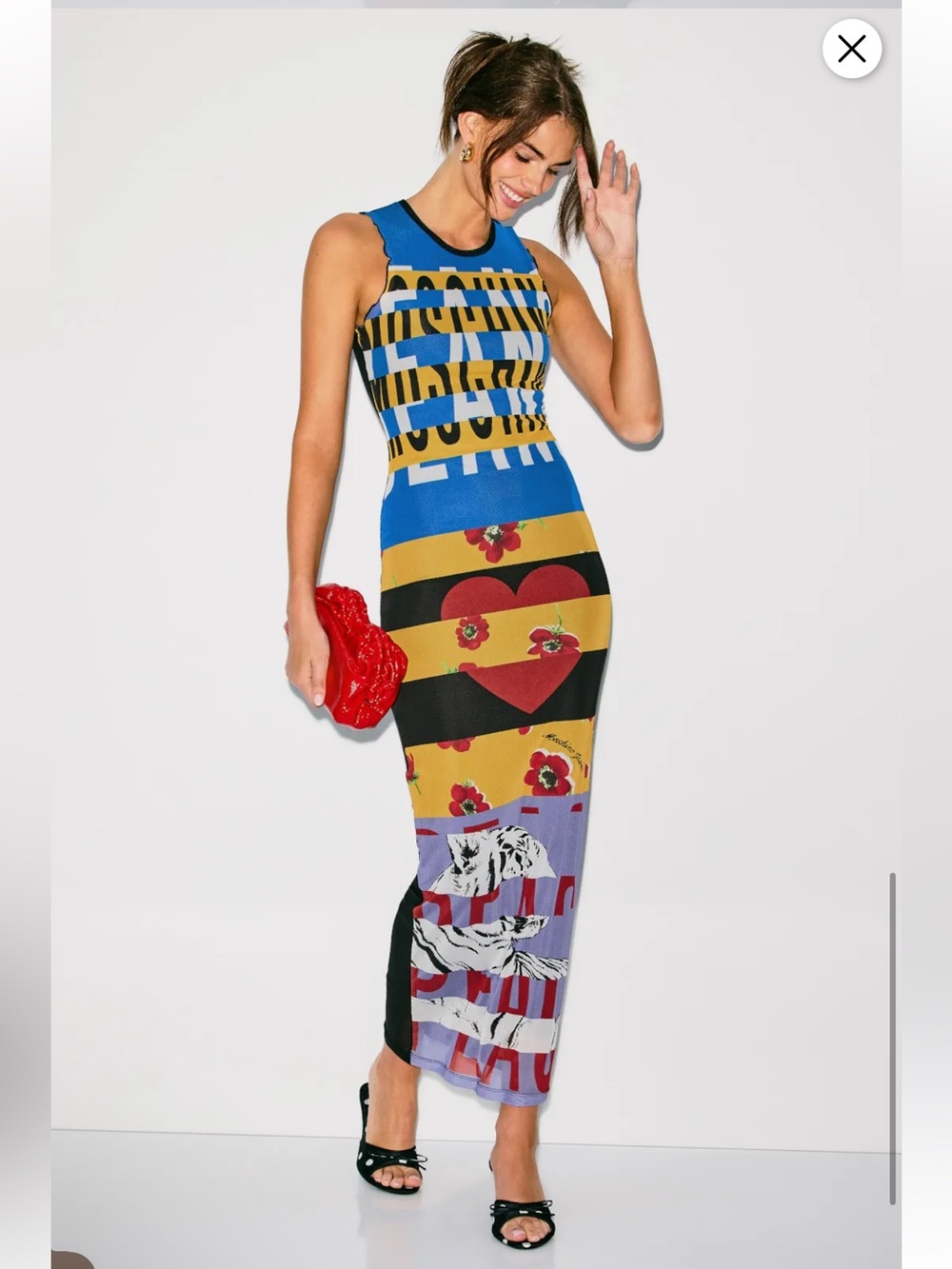 Moschino Blue and Yellow Striped Graphic Maxi Dress